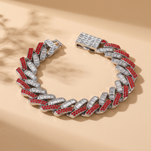 Pulsera de Cadena Cubana de 15MM con Moissanita Roja Iced Out, Chapada en Plata, Lujosa, Unisex, Joyería Hip Hop Bling - Product Image 5