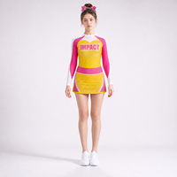 Ensemble de tenue de cheerleading personnalisée OEM ODM pour enfants, jaune et rose, avec strass, haut court à manches longues et jupe, vente en gros pour les équipes