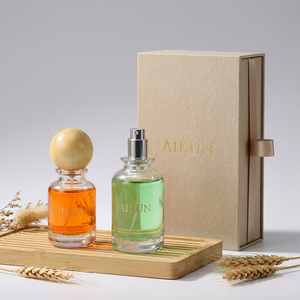 Aikun 50 ml Round Glass Perfume Set With Wood Ball Cap Water Transfer Logo Beige Drawer <b>Box</b> Custom Scents Small Batch <b>Gifts</b> - Product Image 1