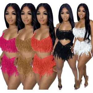 Crochet Set Outfits Women Summer Clothing Solid Color Sexy Hollow Out Knit Crochet Short Sets 2 Piece Sun Suits