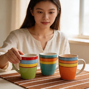 Tasses en céramique en gros au design circulaire, OEM bienvenu, tasses à <span class=keywords><strong>café</strong></span> en grès peintes à la main de 12 oz, sans BPA, compatibles micro-ondes et lave-vaisselle - Product Image 6
