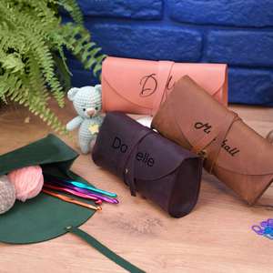 Custom Pu Leather <b>Hook</b> Case Yarn Needle Organizer Vintage Multifunction <b>Crochet</b> Bag Personalized Travel Gift for Knitter - Product Image 4