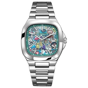 Montre carrée pour homme tendance, en acier inoxydable, alliage, étanche 30 m, automatique, mécanique, cadran à aiguilles - Product Image 2