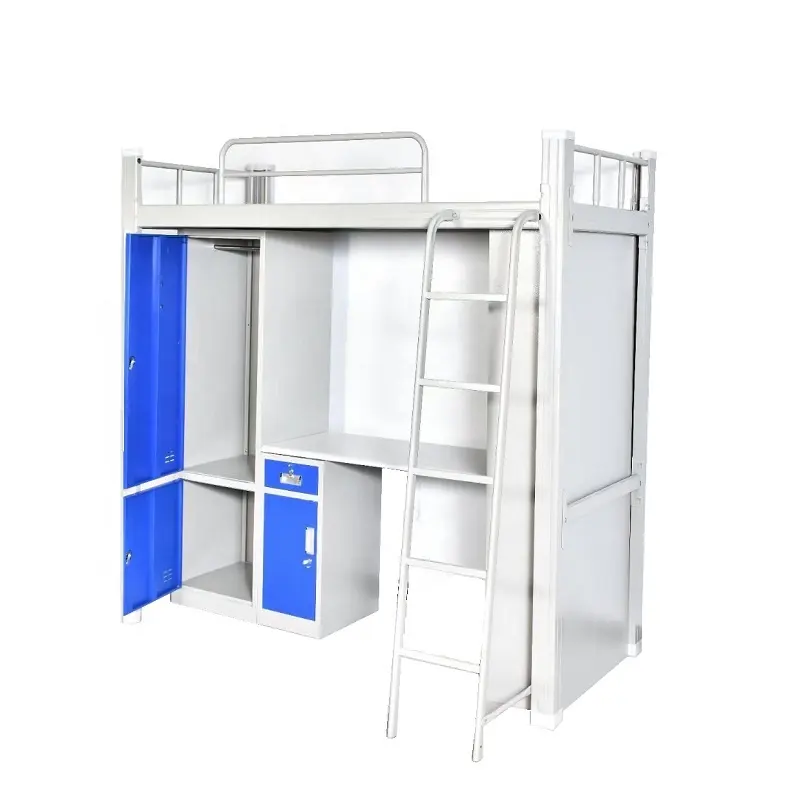 Factory wholesale School furniture student blue metal loft bunk bed with desk and wardrobe locker storage bookcase dormitory