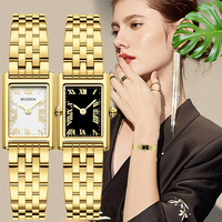 Montre de luxe pour femme avec logo personnalisé, boîtier carré en acier inoxydable, cadran en verre, fermoir caché, mouvement à quartz doré