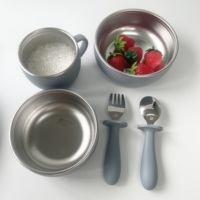 Ensemble de repas pour enfants en acier inoxydable 304, comprenant des assiettes à ventouse, une tasse pour tout-petits avec fourchettes et cuillères en silicone amovibles, et un bavoir de poche.