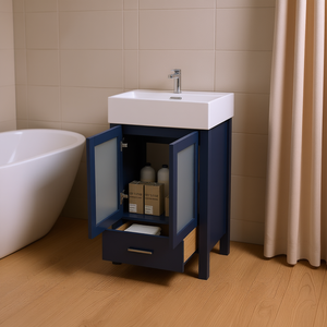 Meuble-lavabo de salle de bain Db de 20 pouces avec vasque en céramique, armoire miroir, grand espace de rangement pour petites salles de bain, design moderne, sur pied - Product Image 2