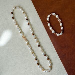 Irregular Natural Freshwater Baroque Pearl <b>Tiger</b> <b>Eye</b> Stone Necklace Bracelet Set Niche Design Light Luxury Fashion <b>Jewelry</b> - Product Image 1