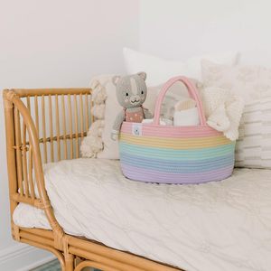 Cesta de Almacenamiento Portátil de Cuerda de Algodón para Juguetes y Pañales de Bebé, Diseño Arcoíris Pastel, Organizador de Pañales para Mamá con Asas - Product Image 4