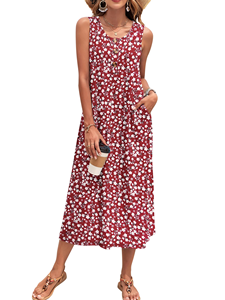 Elegent Floral Print Sleeveless Midi <b>Dress</b> Scoop Neck Loose Fit <b>With</b> <b>Pockets</b> <b>Summer</b>/Spring Breathable Casual <b>Dress</b> for Women's - Product Image 2