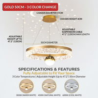 Lustre LED moderne doré, design ciel étoilé lune et étoiles, suspension réglable en hauteur, 75W, 50cm, 3 couleurs changeables pour chambre à coucher