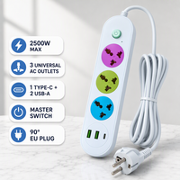 Multiprise industrielle universelle 10A avec port USB-C, 6 prises multicolores, barre d'alimentation domestique, 2 ports USB et 1 chargeur rapide Type-C