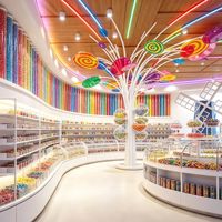 Meubles commerciaux, présentoirs à bonbons, vitrines, design intérieur écologique pour confiserie, aménagement en bois
