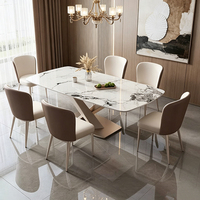 Ensemble de table à manger en pierre frittée de luxe léger avec chaises en cuir PU, mobilier de salle à manger rectangulaire pour villa, appartement, hôtel