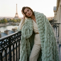 Plaid en fausse fourrure de lapin vert menthe, motif rayé gaufré, pour canapé et lit, luxueux, chaud, en polaire, ignifuge, taille King Size
