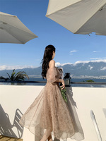 Robe midi femme OEM à épaules dénudées, style français, coupe ajustée, froncée, longue, pour vacances, plage, tenue de villégiature, vente en gros directe usine