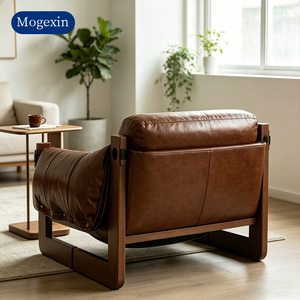 เก้าอี้หนังสไตล์วินเทจกลางศตวรรษที่ทันสมัย โครงไม้เนื้อแข็ง หนังสีน้ำตาลย้อนยุค เก้าอี้โซฟาเดี่ยวสำหรับห้องนั่งเล่น - Product Image 3