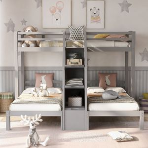 Literas para niños, muebles de dormitorio, almacenamiento moderno para niños pequeños, litera triple de madera para niños - Product Image 5