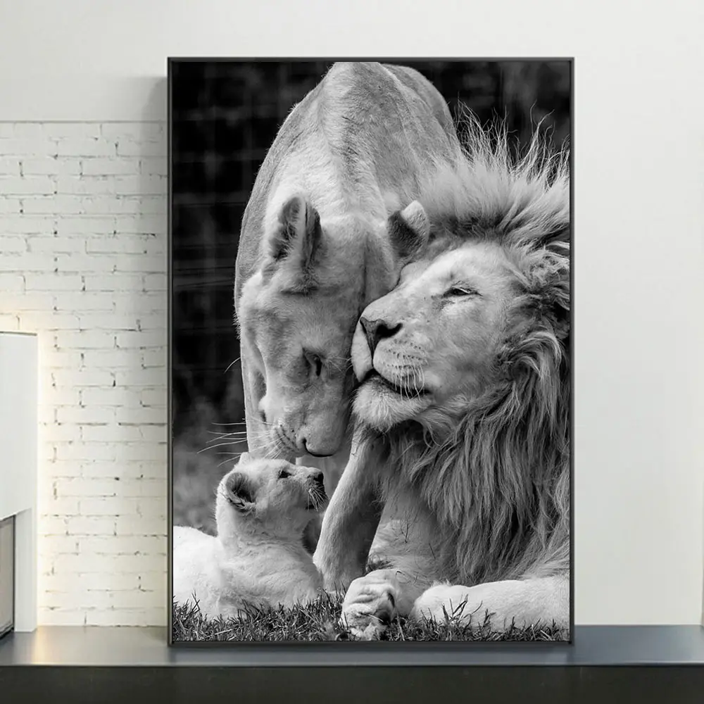 African Lions Family Black And White Canvas Art Animals Canvas Paintings Wall Art for Living Room Home Decor  No Frame