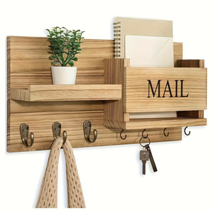 Wooden Wall Mounted Mail Organizer Key Rack With <b>Shelf</b> And <b>Hooks</b> For Entryway Storage - Product Image 1