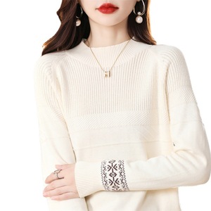 Women's Navy <b>Blue</b> Long Sleeve Knit Sweater With Snowflake Pattern Medium Thickness <b>Base</b> <b>Layer</b> For Autumn Spring Wear - Product Image 3