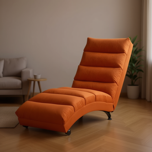 Chaise longue ergonomica in lino arancione con gambe affusolate in acciaio, design moderno per arredamento ufficio e soggiorno - Product Image 2
