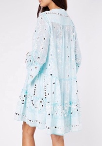 Vestido Mini Bohemio de Manga Acampanada para Mujer, 100% Algodón Ecológico, Bordado Delicado con Espejo, Tono Aqua - Product Image 2