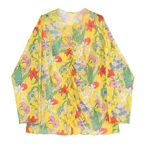 Summer Beach Floral Design Yellow Soft Print Breathable Women Maxi Sheer Loose Blouse