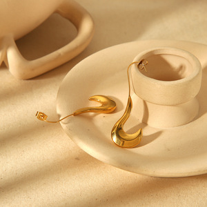 Drop Earrings 18K Gold Plated Stainless Steel <b>Hook</b> Shape Geometric Design Everyday Wear - Product Image 2