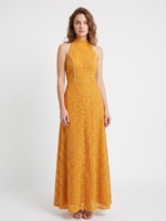 Robe longue vintage formelle d'été pour femme, en dentelle translucide, col halter, bord festonné, sans manches, coupe trapèze