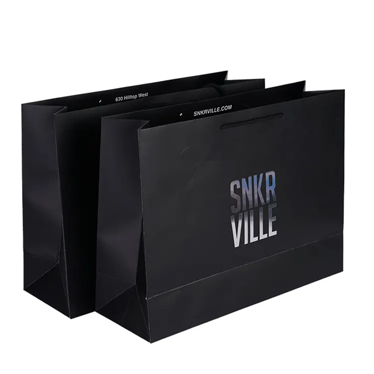 छोटे व्यवसायों के लिए हैंडल के साथ कागज पैकेजिंग खरीदारी बैग के लिए हैंडल के साथ कस्टम ब्लैक मैट मोटी पेपर बैग