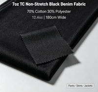 Tissu denim noir non extensible, tissé uni, teint, 70% coton, 30% polyester, 12,4 oz, poids lourd, durable, vêtements décontractés et tendance