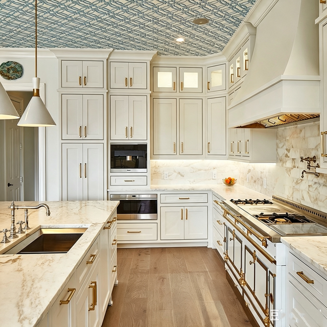Whole House Custom Solid Wood Kitchen Cabinet French Classic White Marble Countertop Gold Handle Island Layout Villa Apartment