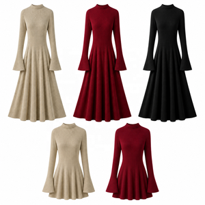 Abito <span class=keywords><strong>Lungo</strong></span> da Donna in Maglia Aderente Autunnale con Collo Alto, <span class=keywords><strong>Maniche</strong></span> Lunghe a Campana, Linea ad A e Vita Stretta - ODM Ingrosso - Product Image 2