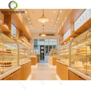 Aménagement intérieur de boulangerie commerciale, comptoir de présentation de gâteaux en bois et verre durable, mobilier de boulangerie sur mesure - Product Image 1