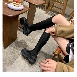 Elastic Side Panel <b>Knee</b> <b>High</b> Boots Lug Sole Platform Chelsea Boots For Women Casual Streetwear Footwear - Product Image 1
