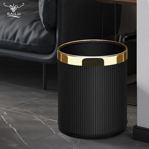 Sailu Cylindrical Trash Can <b>Black</b> Gold Rim Indoor Living Room Kitchen Office Hotel Waste Bin - Product Image 1