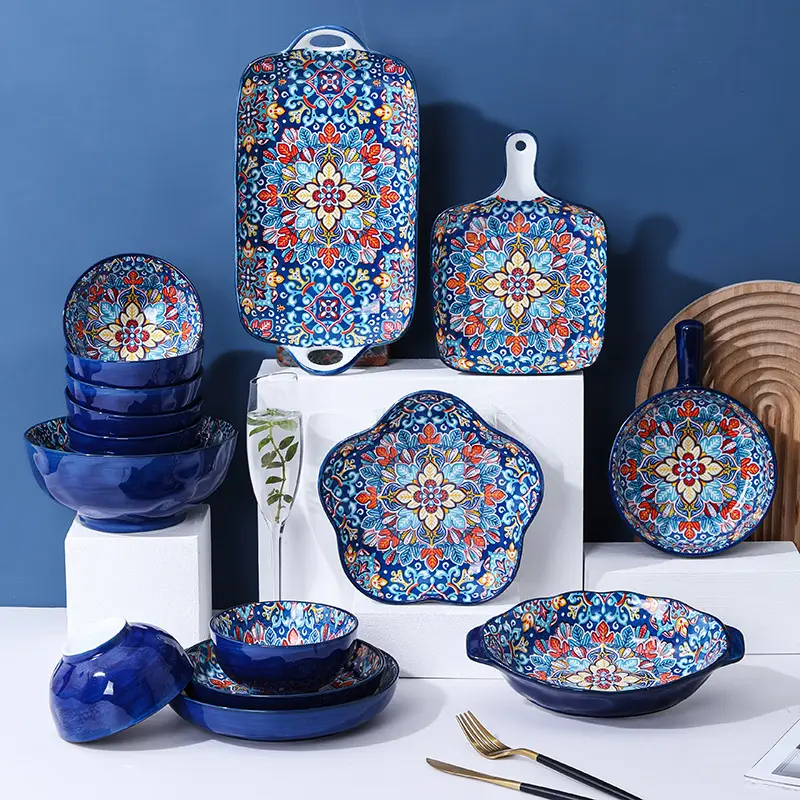 Sıcak satış seramik şarj yemek tabağı mavi bohemian komple yemek lüks sofra seti parti dekor için