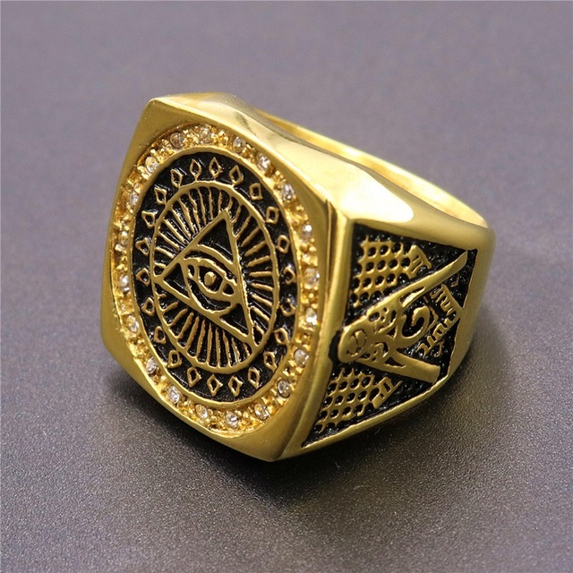 18K Gold Plated Stainless Steel Free Mason Ring Classic Men's Heavy Chunky All Seeing Eye Masonic Diamonds Signet Ring Wholesale