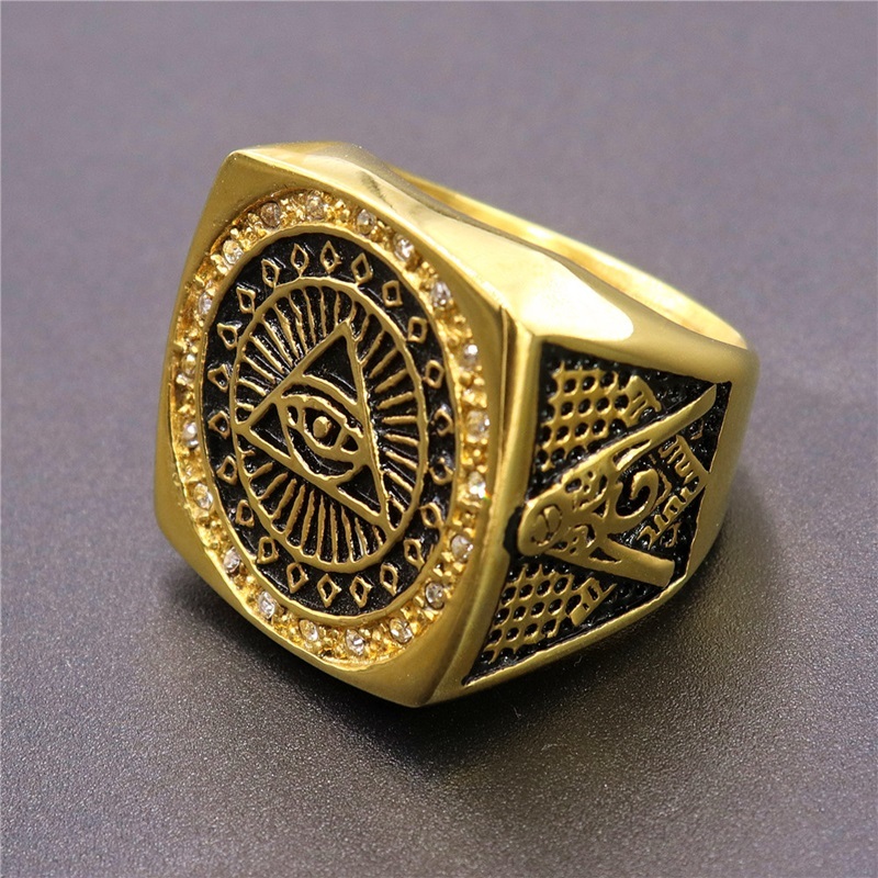 MOWEN Men's Masonic Signet Ring - Black Stainless Steel Vintage Freemason Design