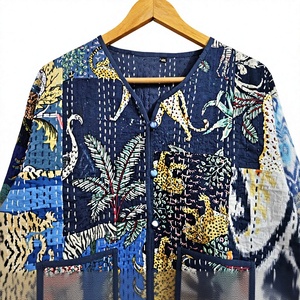 Quilted <b>Jacket</b> <b>Women</b> Mandarin Collar Three Quarter Sleeve Geometric Print Cotton Autumn Outerwear Hand Embroidered gift for her - Product Image 2