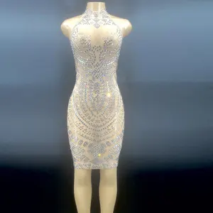 2022 Hot Style Fashion Rhinestone Sleeveless Summer Dress Backless Knee Length Bodycon Dress For Women