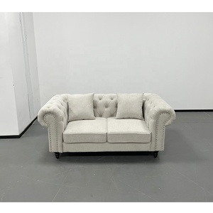 PZCN HOME Elegant Button Tufted 2 Seater Sofa Light <strong>Grey</strong> Linen Fabric <strong>Loveseat</strong> With Rolled Arm Nailhead Trim Bedroom Furniture - Product Image 6