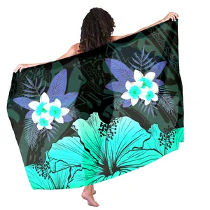 Hawaii Custom Personalised Tribal Pareo Sarong Plumeria Banana Leaf Turquoise Pattern Women Beach Cover Up Sarong Swimsuit Cover
