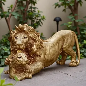 Statuette di leone dorato-statue in resina padre e figlio con intricato Design criniera e cucciolo - Product Image 5