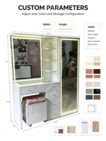 Coiffeuse Moderne Personnalisée avec Grand Miroir Lumineux, Meuble de Rangement pour Chambre à Coucher en Bois MDF