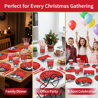 Ensemble de vaisselle de table décorative à thème de Noël, comprenant des assiettes en papier argentées imprimées de motifs rouges, des gobelets en papier et des serviettes en papier, pour les fêtes