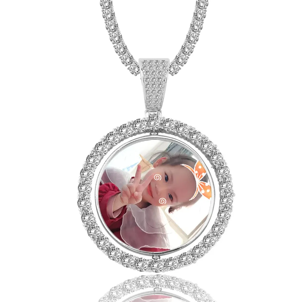 Nieuwe 925 Sterling Zilver Custom Dubbele Cirkel Foto Geheugen Medaillons Hanger Ketting Hip Hop Gepersonaliseerde Ronde Foto Sieraden