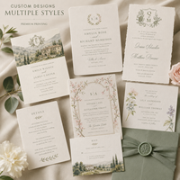 Suite d'invitations de mariage personnalisées en aquarelle toscane avec bordure festonnée, monogramme, et enveloppe vert sauge