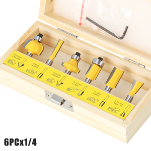 Lama Doppia in Carburo di Tungsteno con Gambo Rotondo da 6mm, 1/4" e 8mm, 45° #   Set di 6 Frese per Router con Corpo in Acciaio e Scatola in Legno - Product Image 1